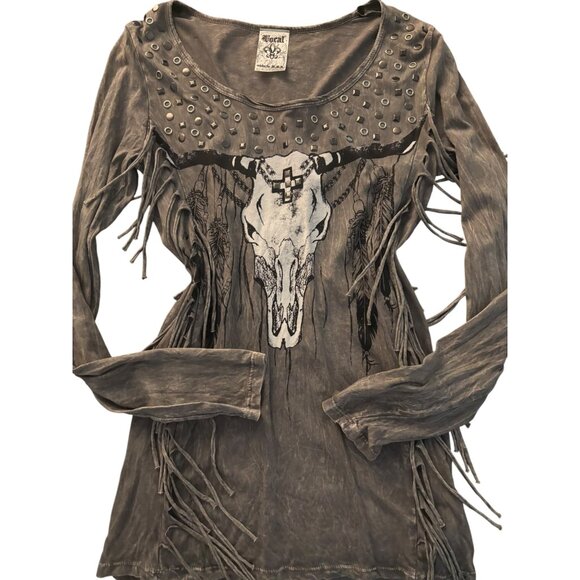 Vocal Gray Long Sleeve Fringe Blouse - Picture 1 of 13